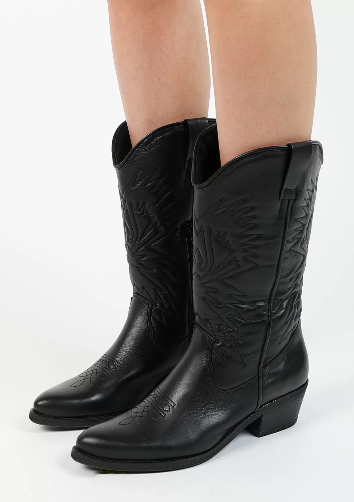 Santiags En Cuir Avec Surpiqures Decoratives - Noir<Sacha Best Sale